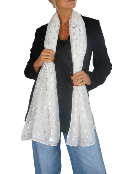 Silver Heart Design Cotton Scarf Ivory