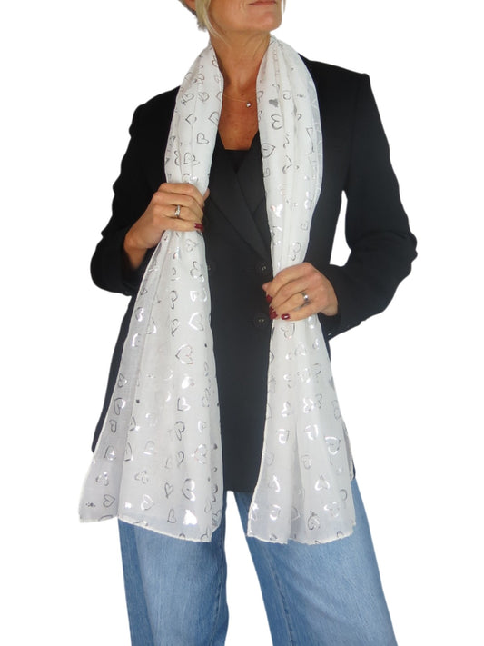 Silver Heart Design Cotton Scarf Ivory