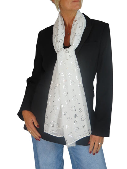 Silver Heart Design Cotton Scarf Ivory