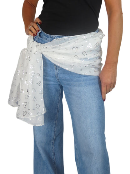 Silver Heart Design Cotton Scarf Ivory