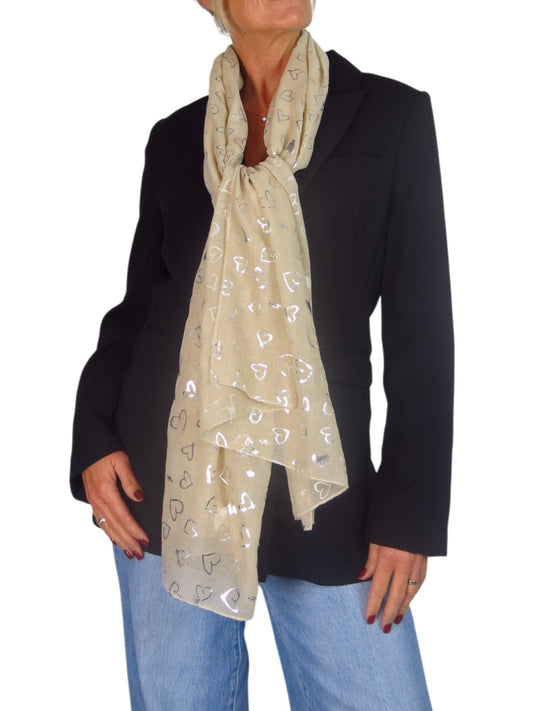 Silver Heart Design Cotton Scarf Beige