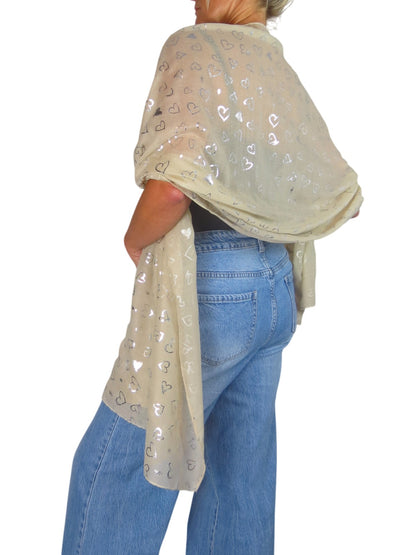 Silver Heart Design Cotton Scarf Beige