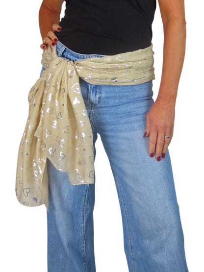 Silver Heart Design Cotton Scarf Beige
