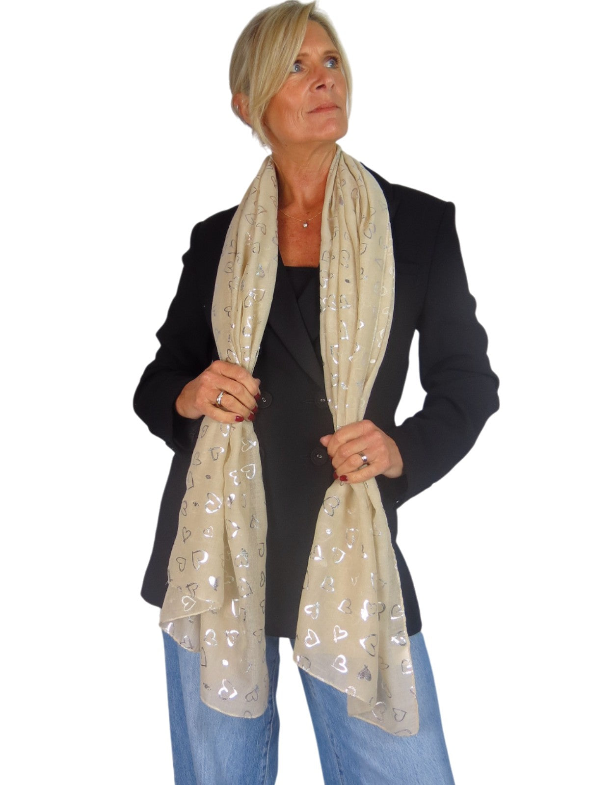 Silver Heart Design Cotton Scarf Beige