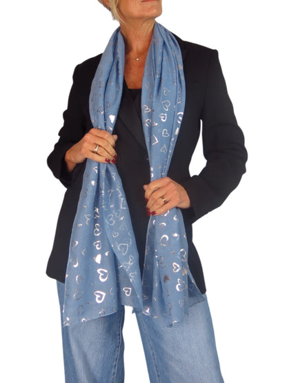 Silver Heart Design Cotton Scarf Midnight Blue