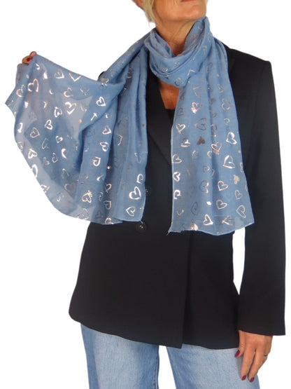 Silver Heart Design Cotton Scarf Midnight Blue