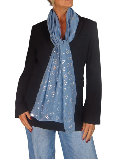 Silver Heart Design Cotton Scarf Midnight Blue