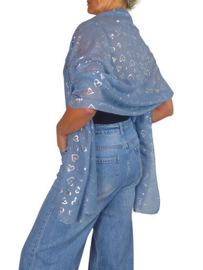 Silver Heart Design Cotton Scarf Midnight Blue