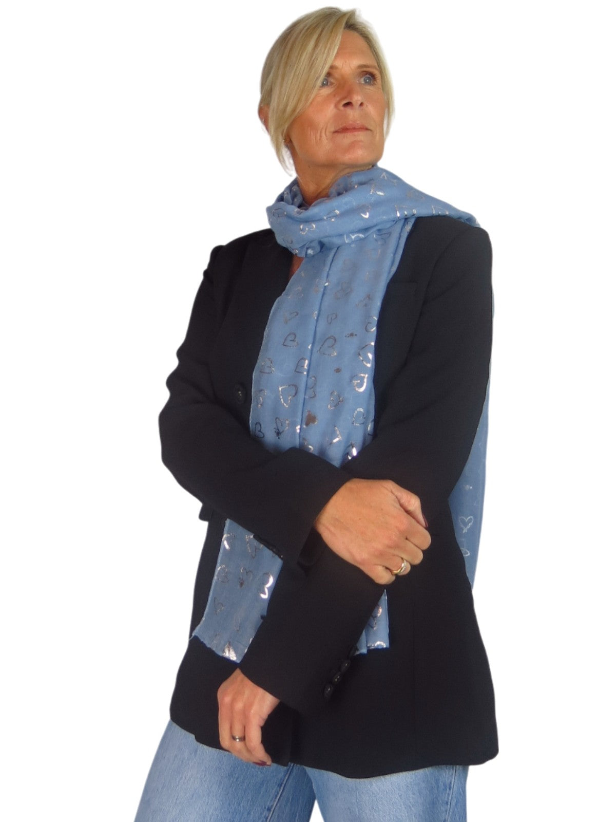 Silver Heart Design Cotton Scarf Midnight Blue