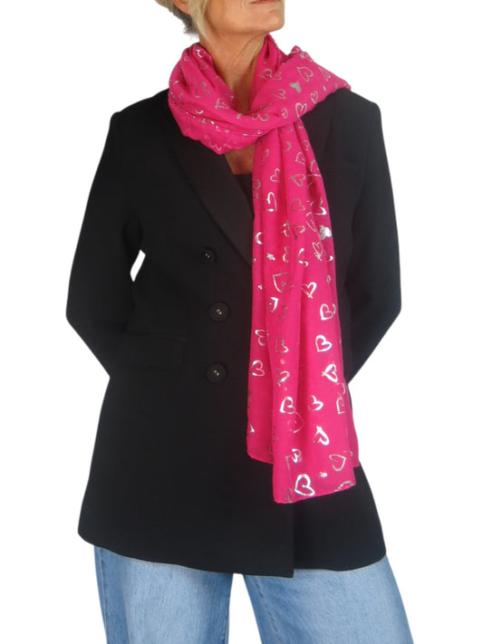 Silver Heart Design Cotton Scarf Fuchsia Pink