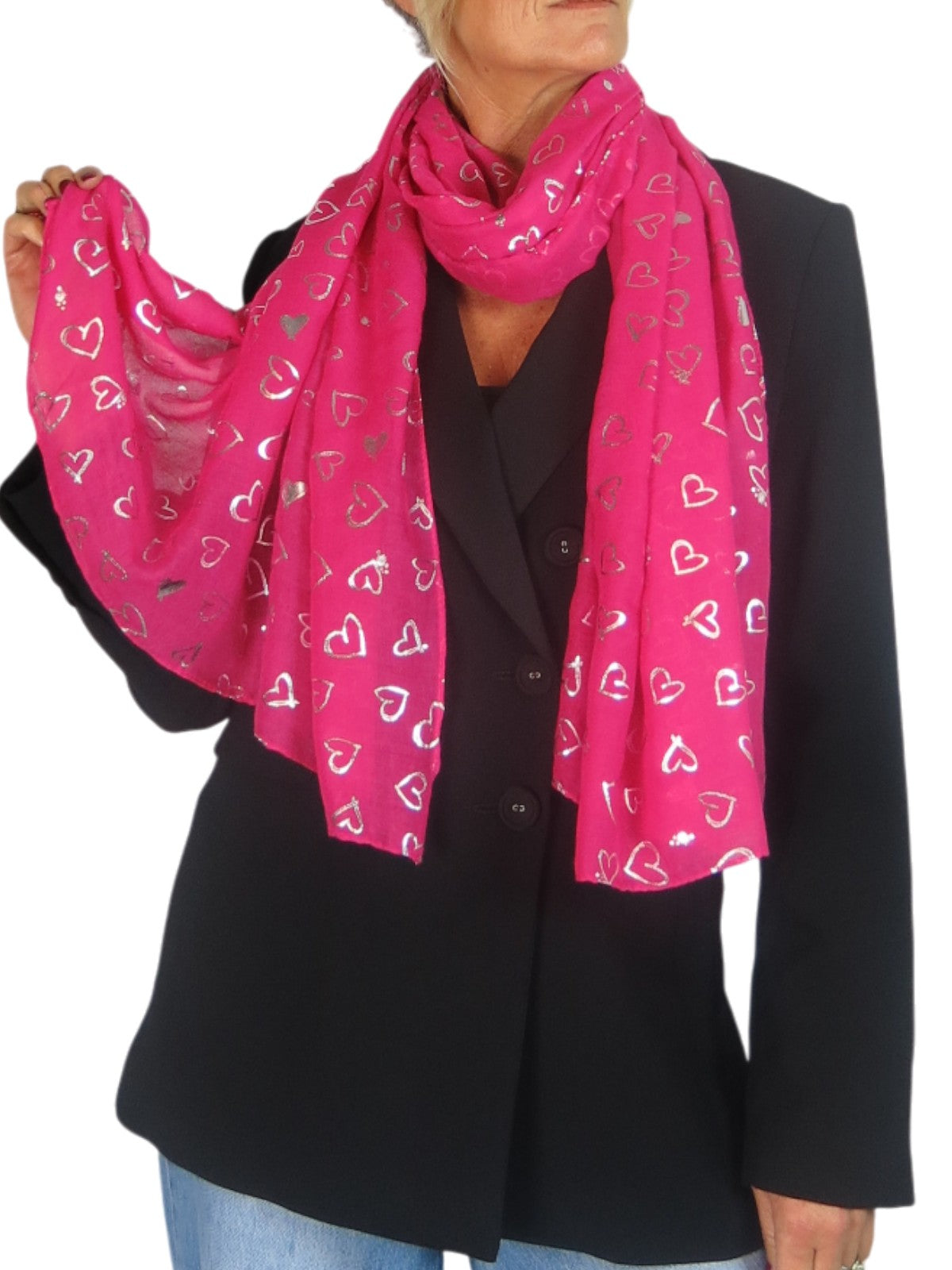 Silver Heart Design Cotton Scarf Fuchsia Pink