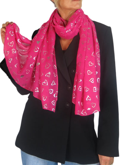 Silver Heart Design Cotton Scarf Fuchsia Pink