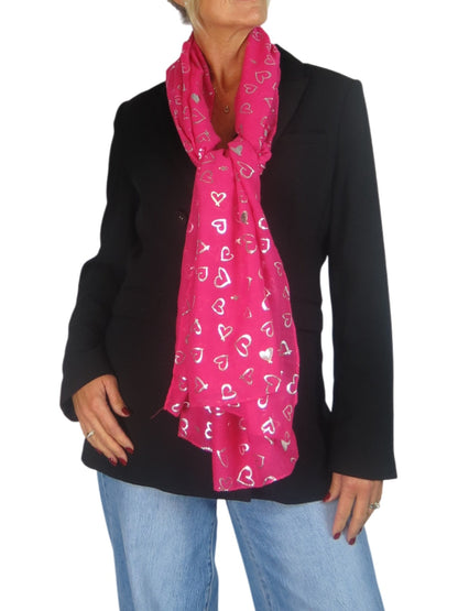 Silver Heart Design Cotton Scarf Fuchsia Pink