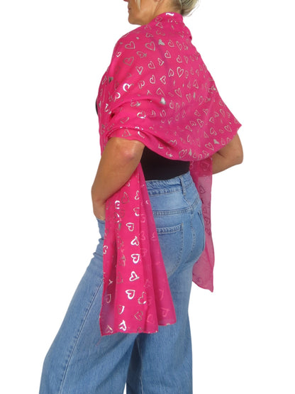 Silver Heart Design Cotton Scarf Fuchsia Pink
