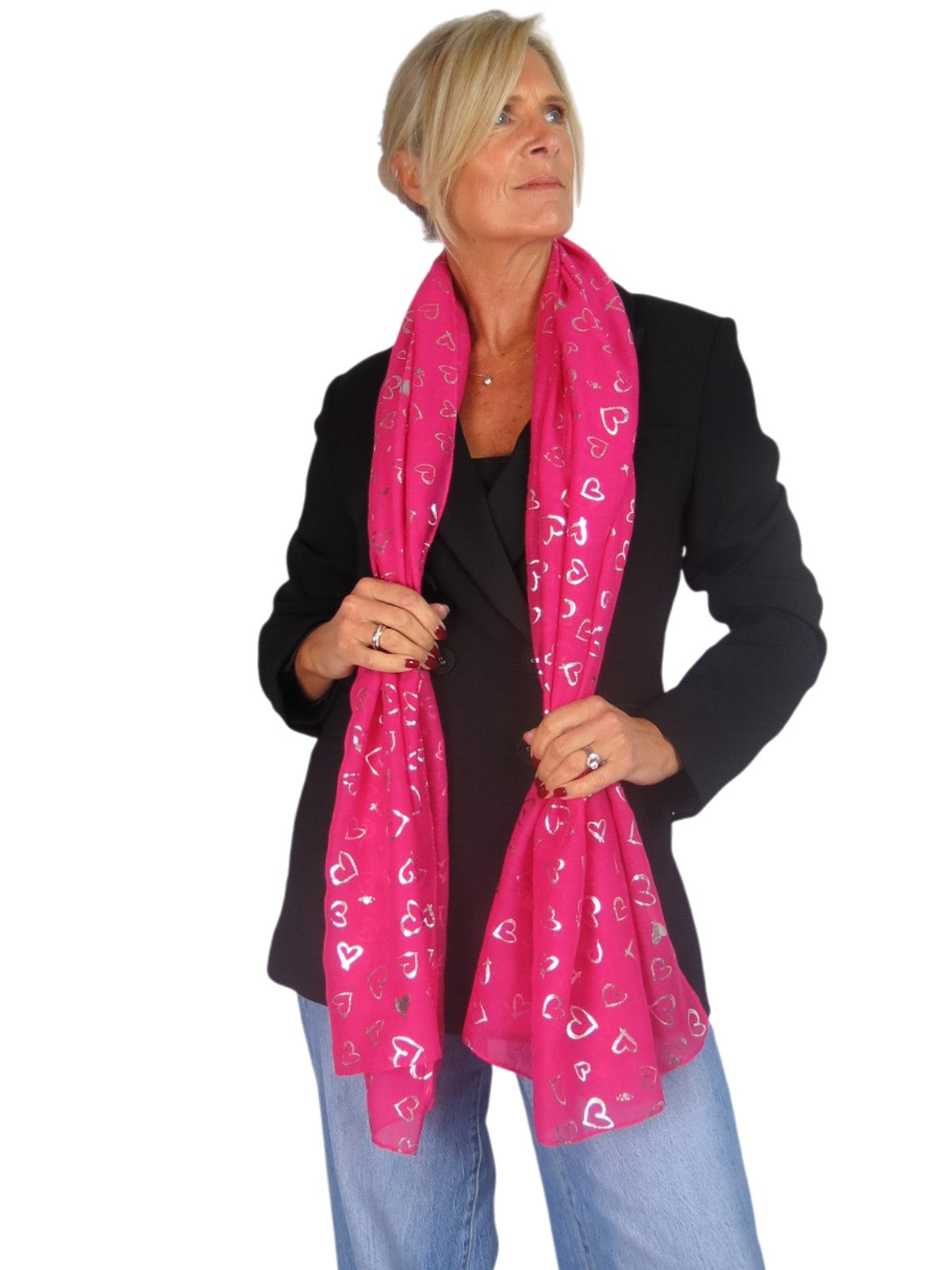 Silver Heart Design Cotton Scarf Fuchsia Pink
