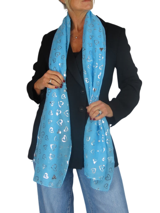 Silver Heart Design Cotton Scarf Turquoise Blue