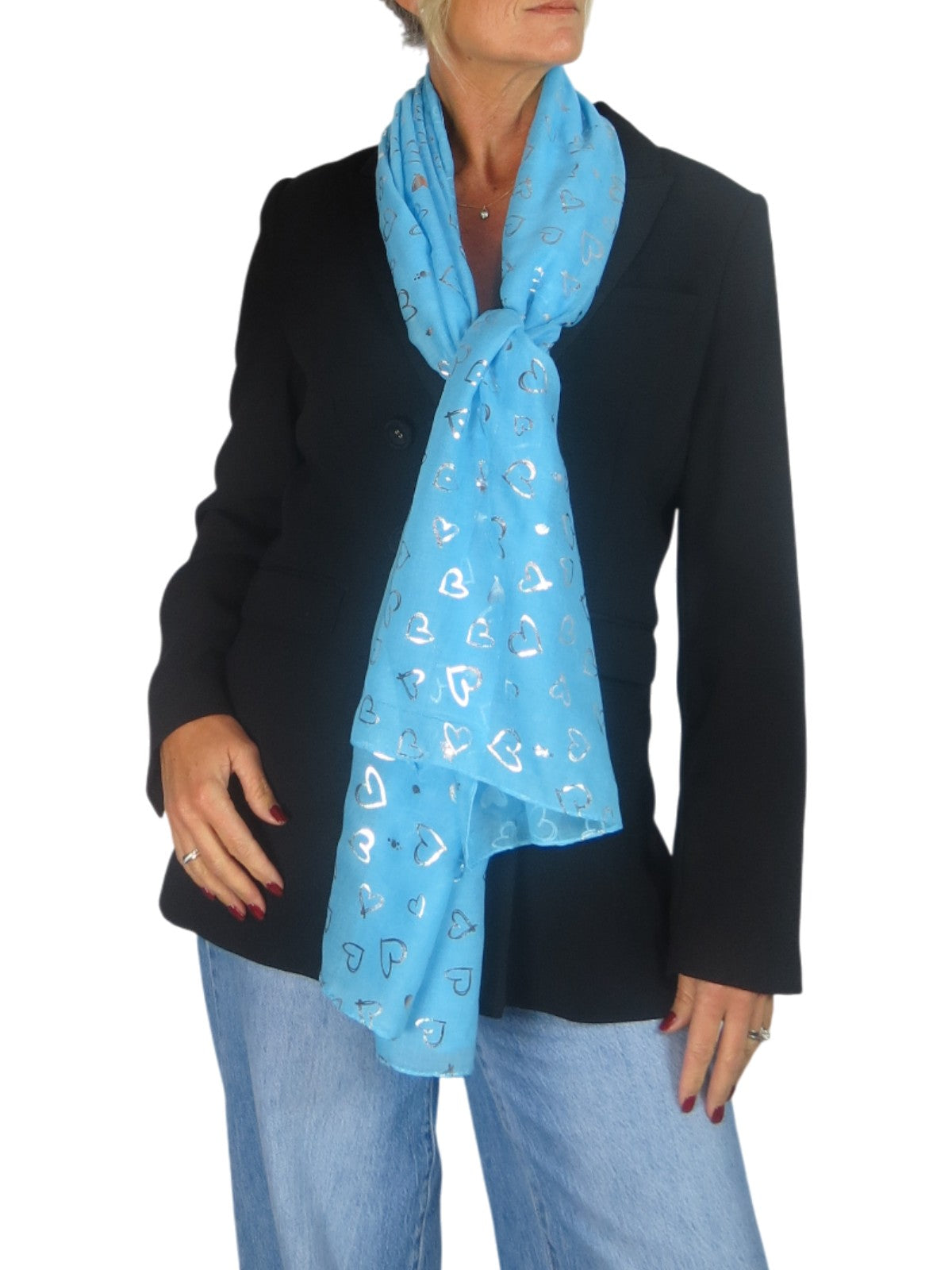 Silver Heart Design Cotton Scarf Turquoise Blue