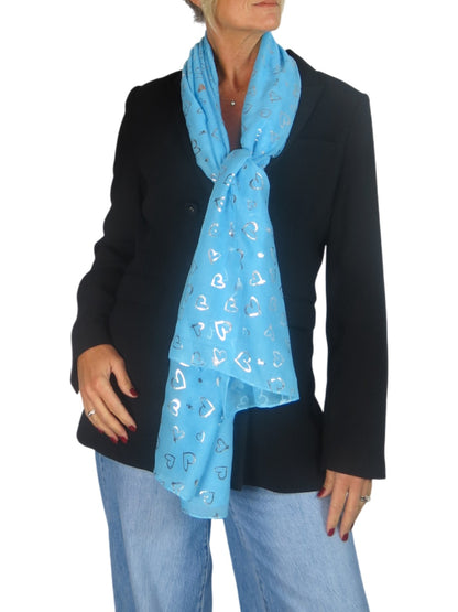 Silver Heart Design Cotton Scarf Turquoise Blue