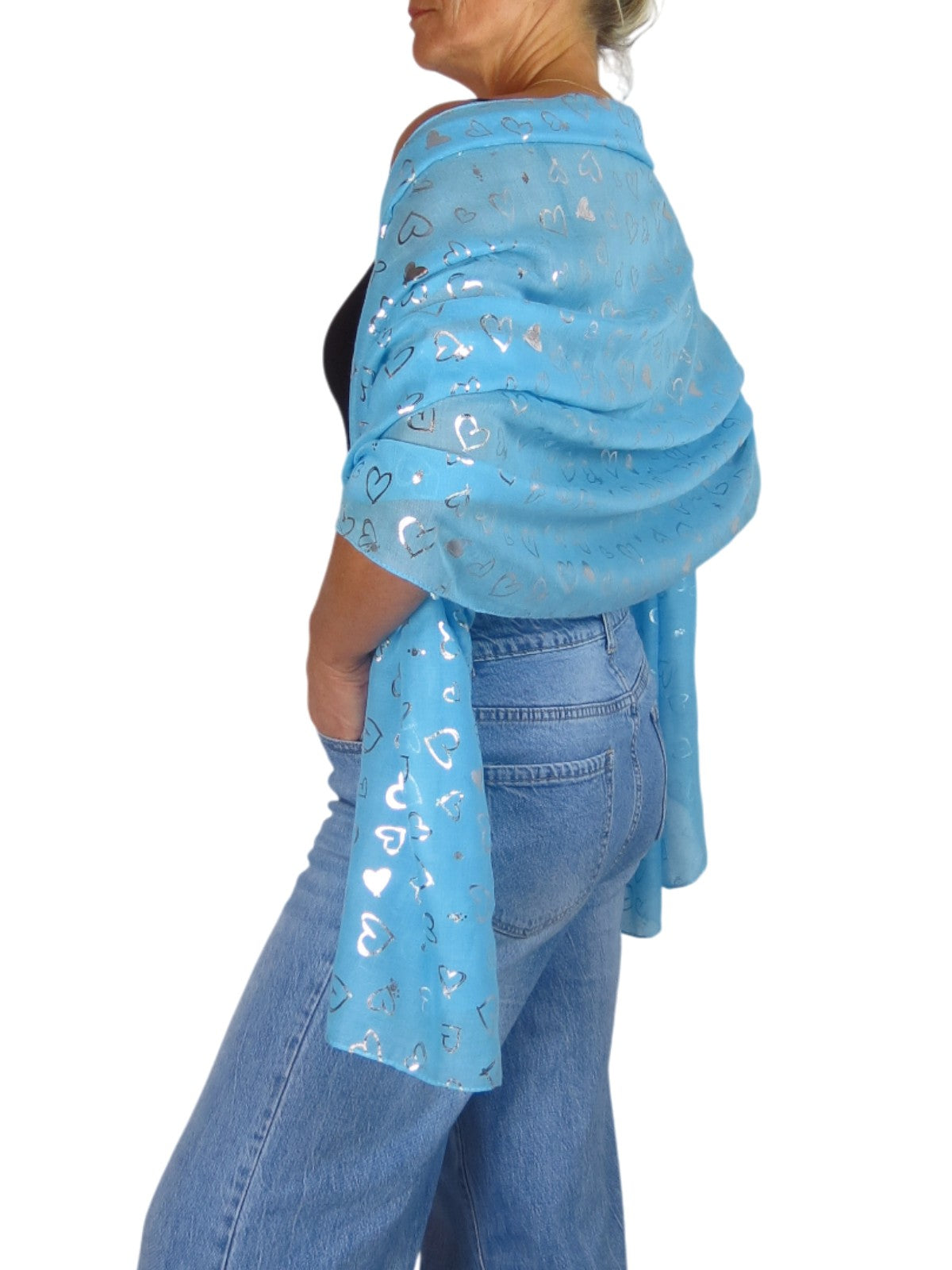 Silver Heart Design Cotton Scarf Turquoise Blue