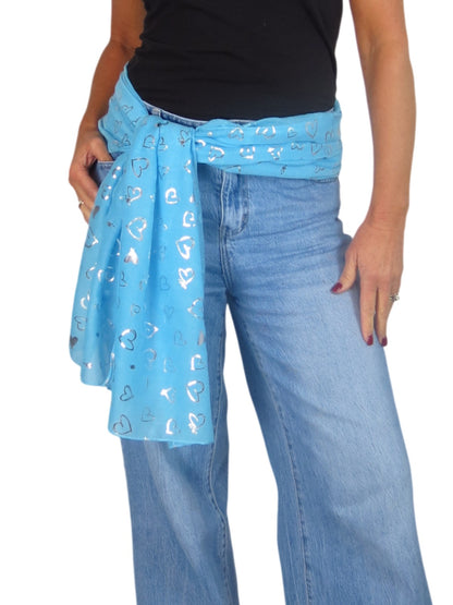 Silver Heart Design Cotton Scarf Turquoise Blue