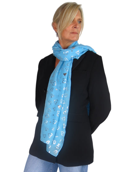 Silver Heart Design Cotton Scarf Turquoise Blue