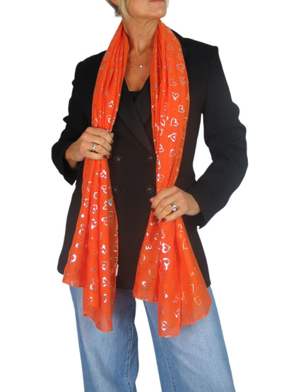 Silver Heart Design Cotton Scarf Orange