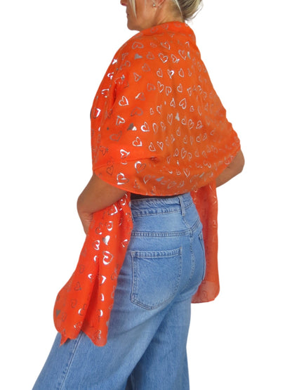 Silver Heart Design Cotton Scarf Orange