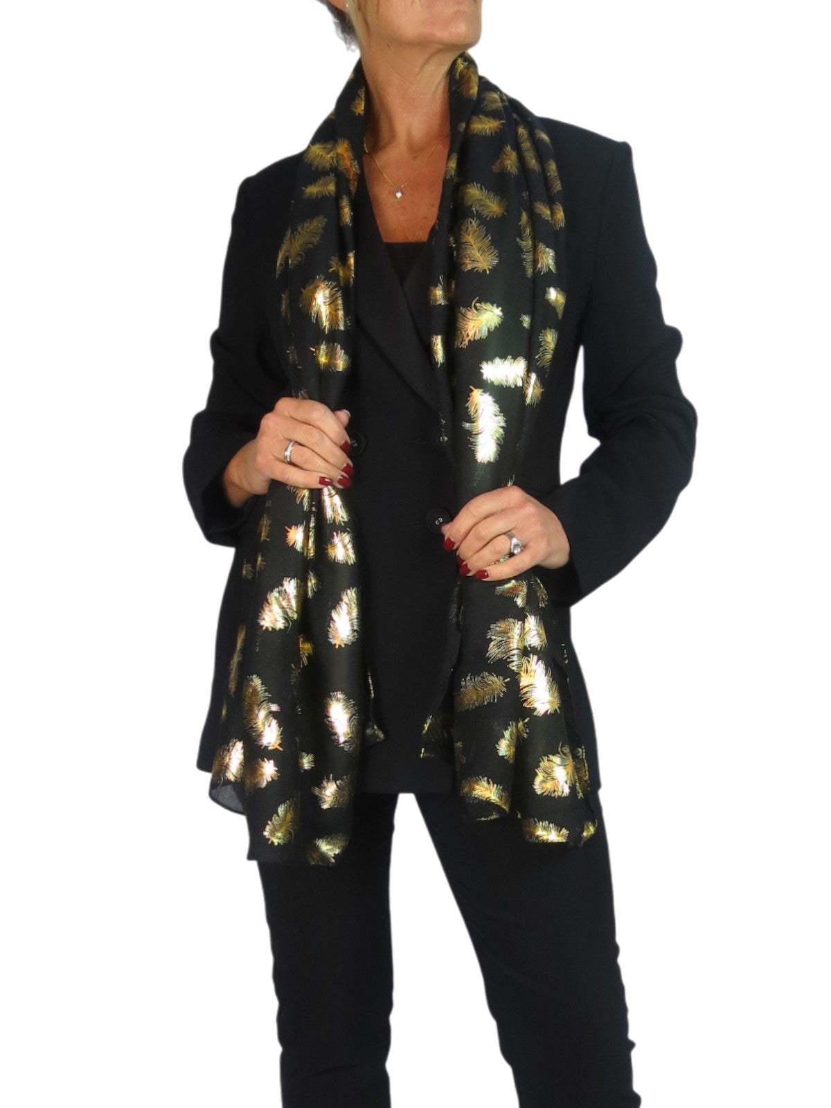 Gold Feather Print Soft Voile Scarf Black