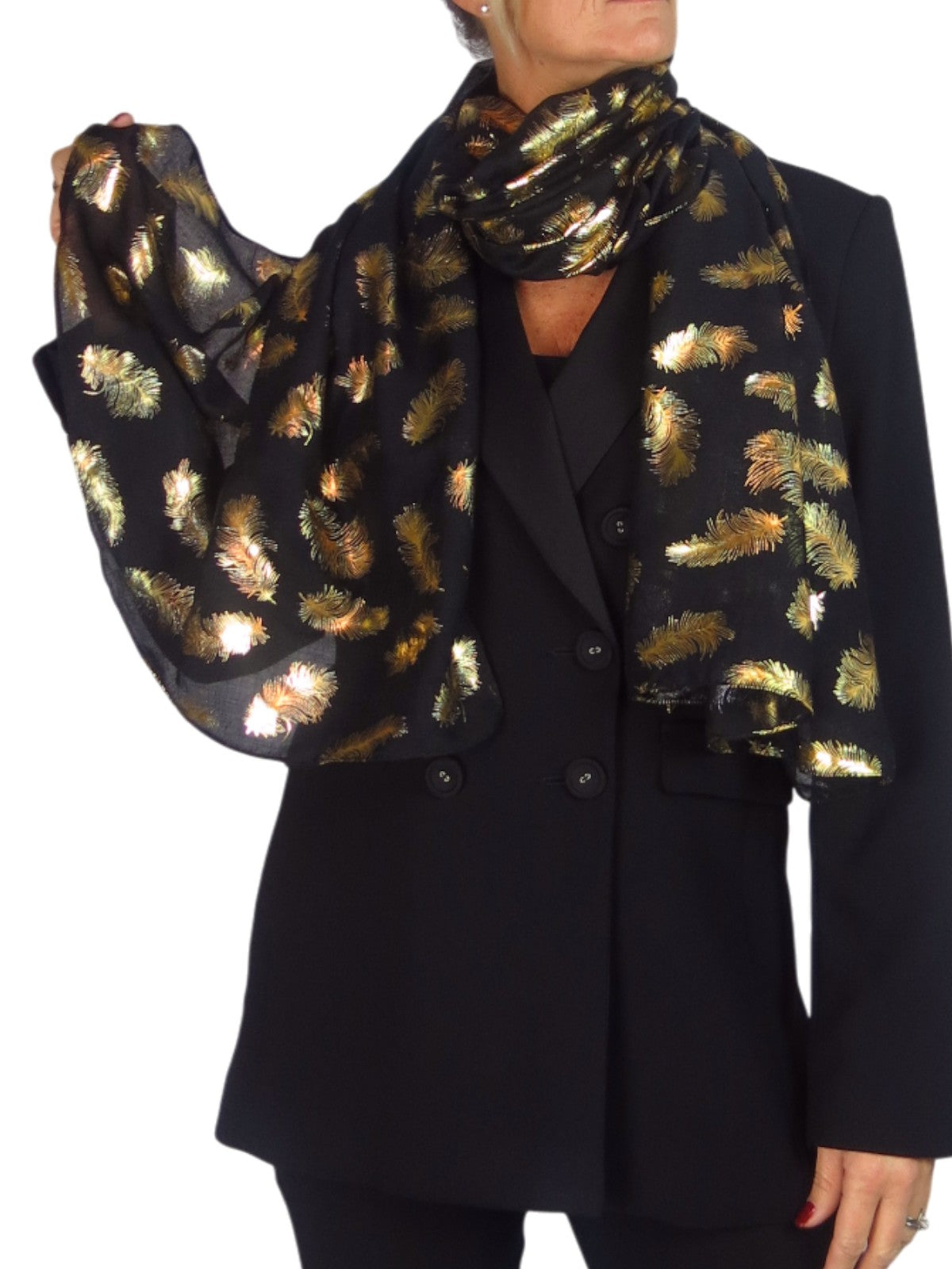Gold Feather Print Soft Voile Scarf Black