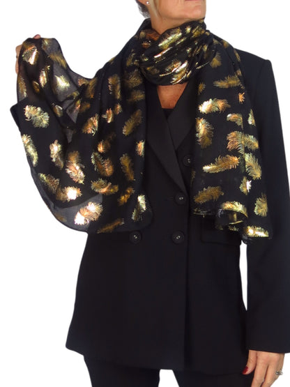Gold Feather Print Soft Voile Scarf Black