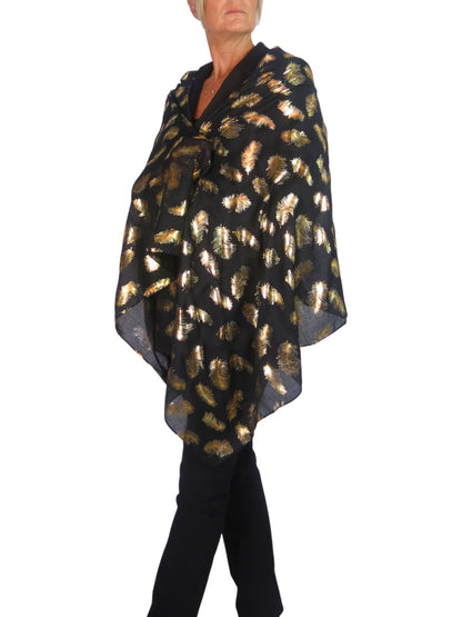 Gold Feather Print Soft Voile Scarf Black