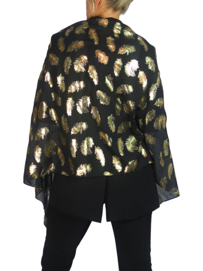 Gold Feather Print Soft Voile Scarf Black