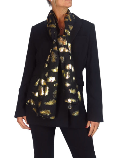 Gold Feather Print Soft Voile Scarf Black