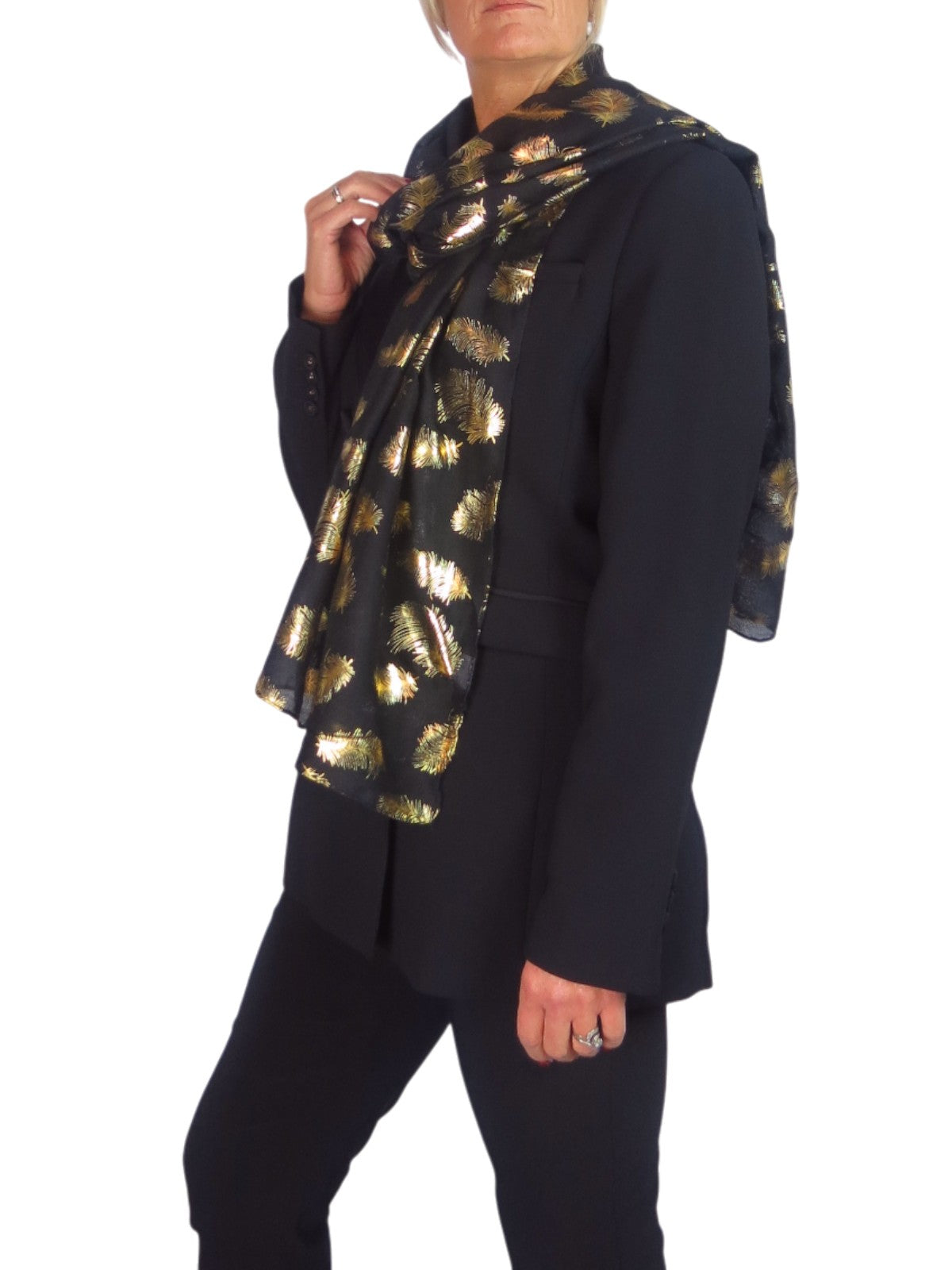 Gold Feather Print Soft Voile Scarf Black