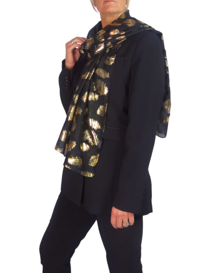 Gold Feather Print Soft Voile Scarf Black