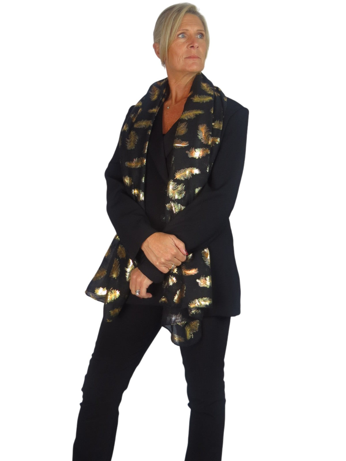 Gold Feather Print Soft Voile Scarf Black