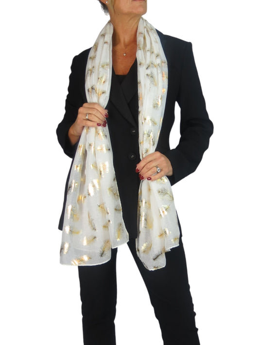 Gold Feather Print Soft Voile Scarf Ivory