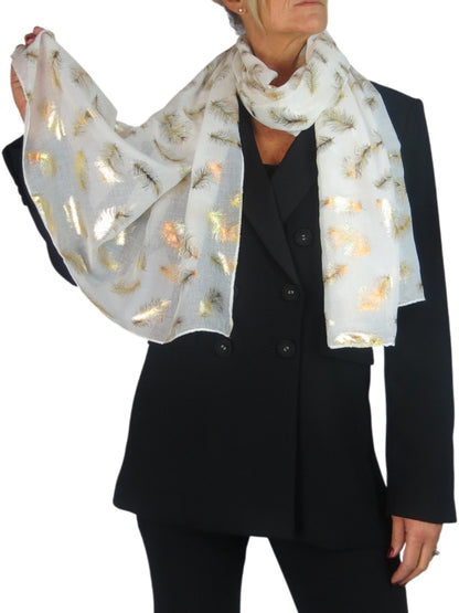 Gold Feather Print Soft Voile Scarf Ivory