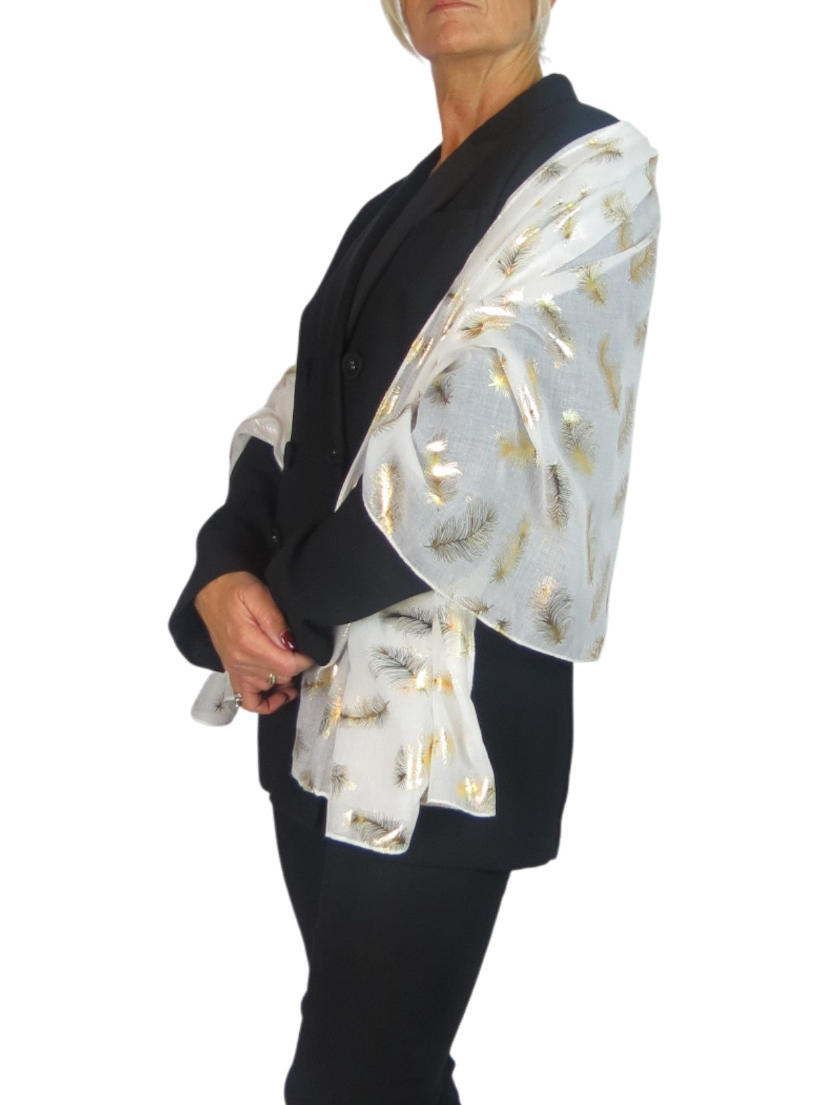 Gold Feather Print Soft Voile Scarf Ivory