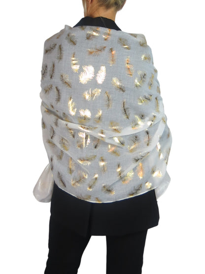 Gold Feather Print Soft Voile Scarf Ivory