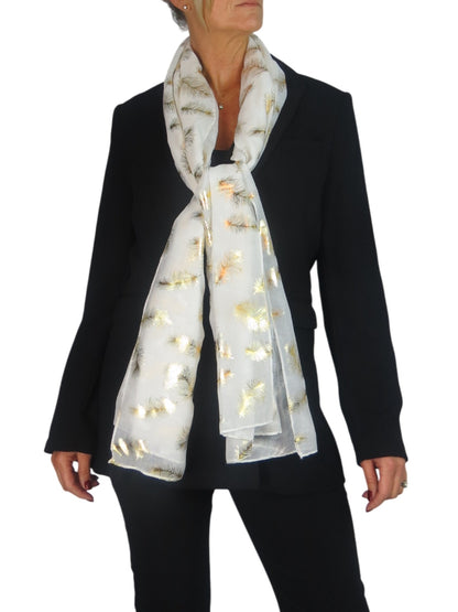 Gold Feather Print Soft Voile Scarf Ivory