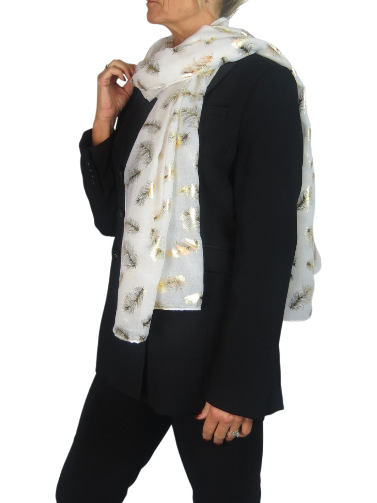 Gold Feather Print Soft Voile Scarf Ivory