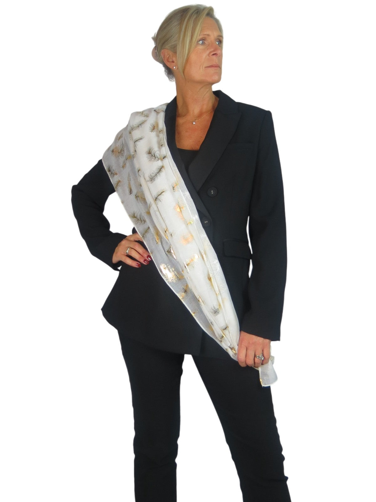 Gold Feather Print Soft Voile Scarf Ivory
