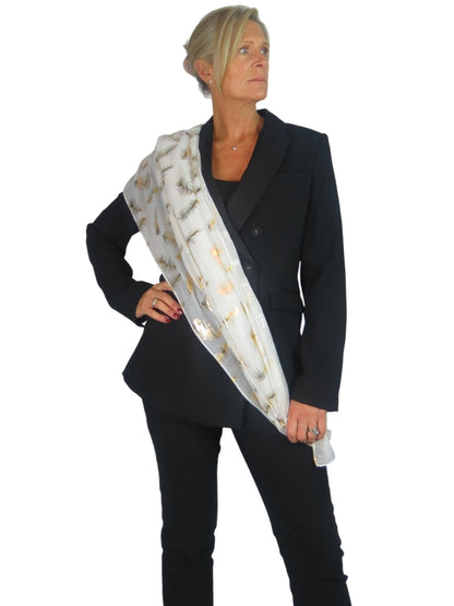 Gold Feather Print Soft Voile Scarf Ivory