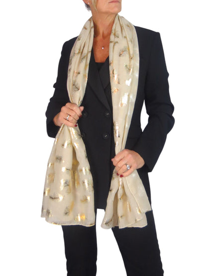 Gold Feather Print Soft Voile Scarf Beige