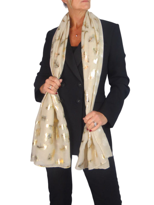 Gold Feather Print Soft Voile Scarf Beige
