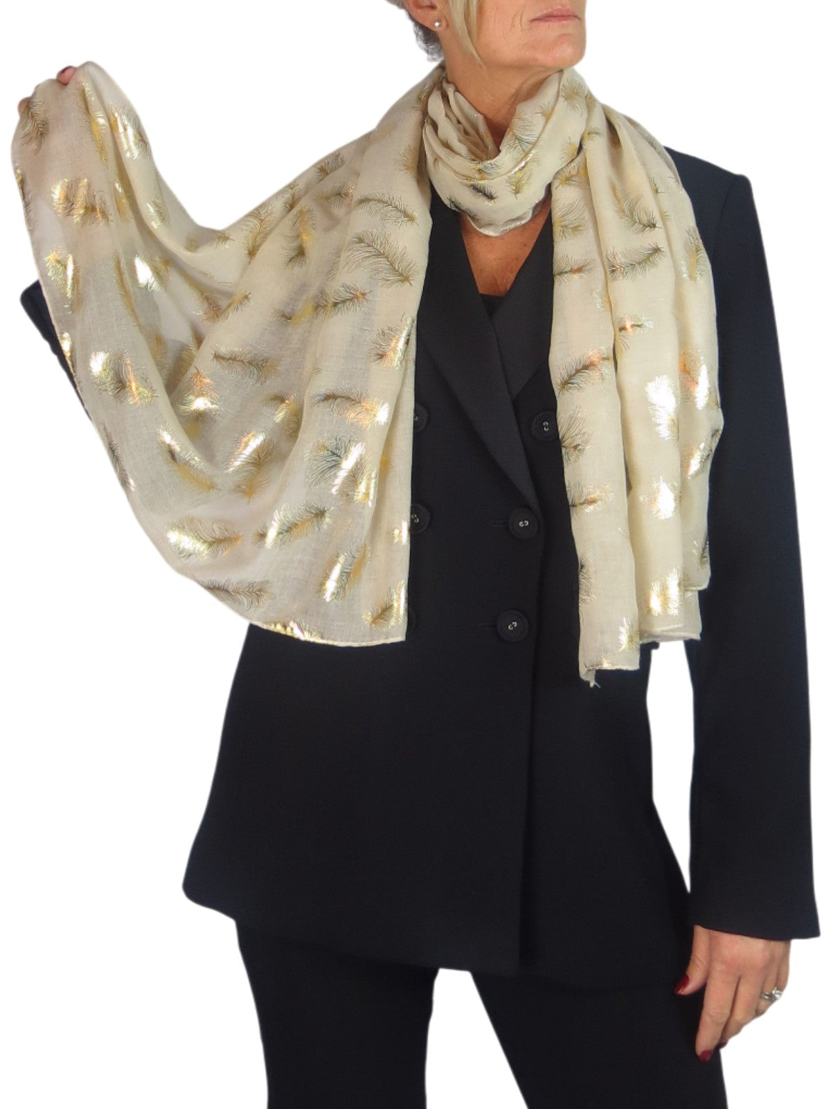Gold Feather Print Soft Voile Scarf Beige