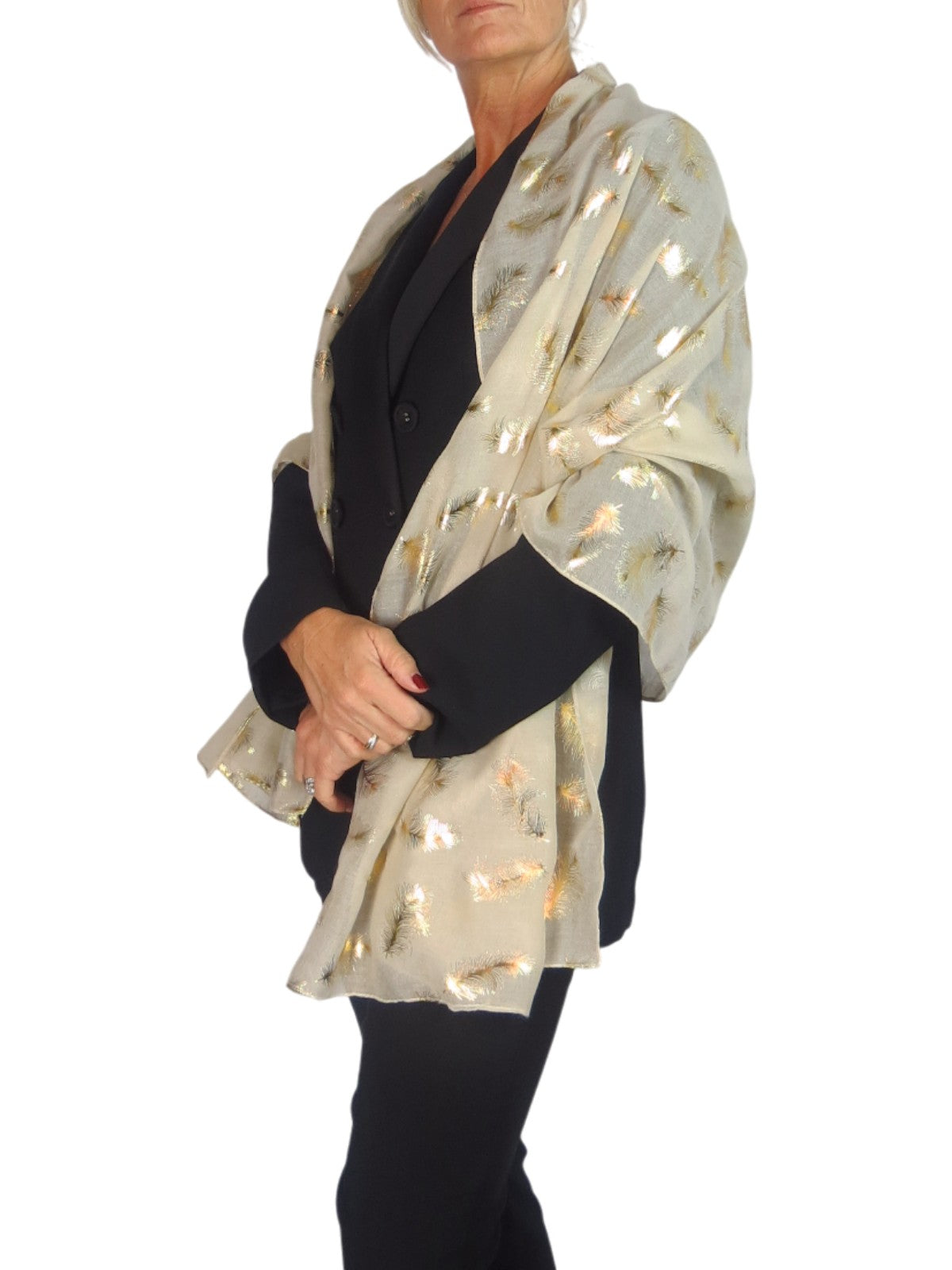 Gold Feather Print Soft Voile Scarf Beige