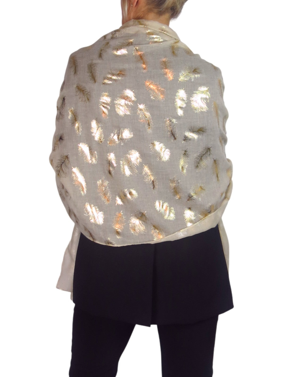 Gold Feather Print Soft Voile Scarf Beige