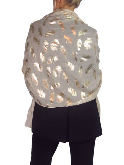 Gold Feather Print Soft Voile Scarf Beige